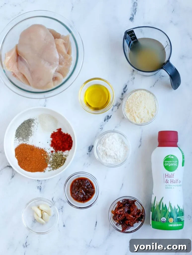 Overhead shot showcasing all the fresh ingredients meticulously arranged for making creamy Cajun chicken in a cast-iron skillet, highlighting vibrant spices, chicken breasts, and creamy sauce components.