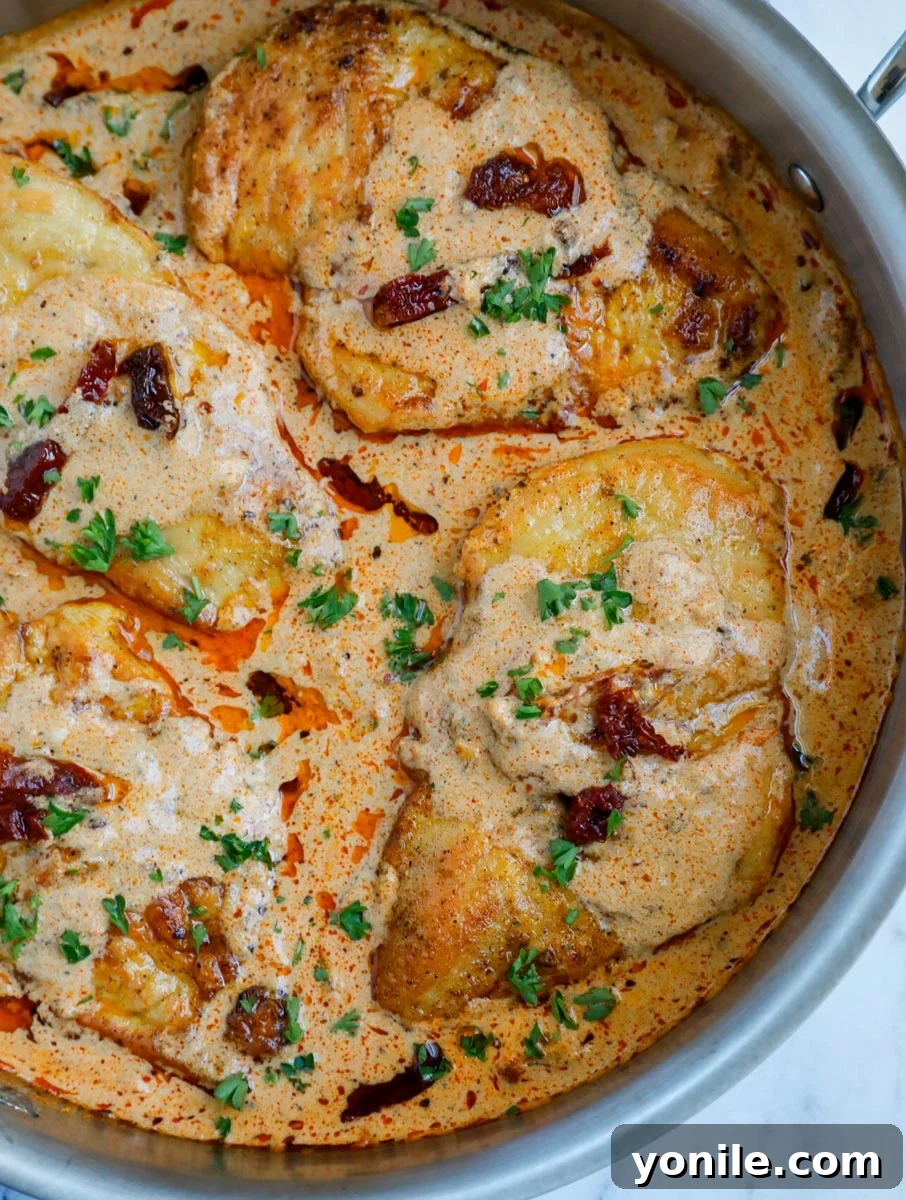 A close-up view of multiple chicken breasts, beautifully coated in the creamy, vibrant Cajun sauce, showcasing the dish's irresistible texture.