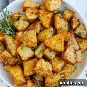 Crispy Air Fryer Potato Cubes 10 Overhead image of a bowl of air fryer crispy potatoes.