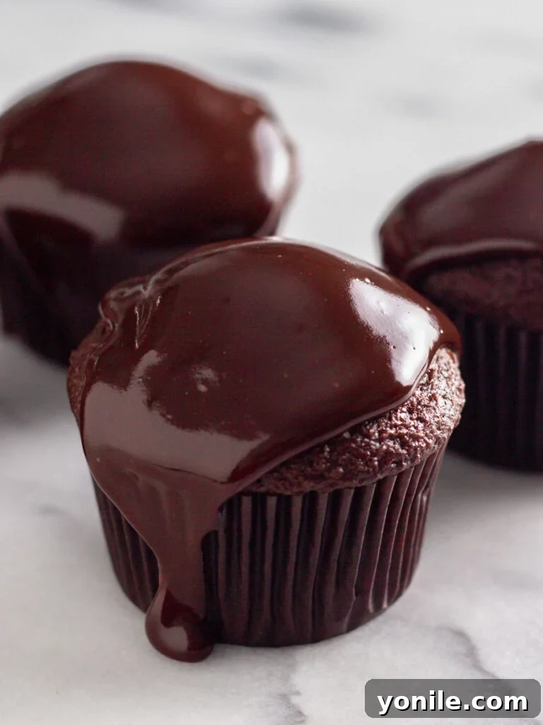 Mastering Chocolate Ganache 2 Three cupcakes elegantly topped with a rich chocolate ganache.
