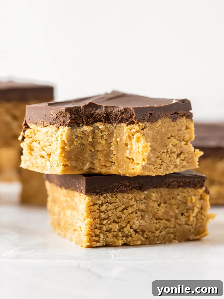 Decadent Chocolate Peanut Butter Oat Bars 9 Two rich chocolate peanut butter oatmeal bars stacked enticingly, ready to be enjoyed.