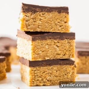 Decadent Chocolate Peanut Butter Oat Bars 10 Three decadent chocolate peanut butter oatmeal bars stacked on top of each other, ready to eat.