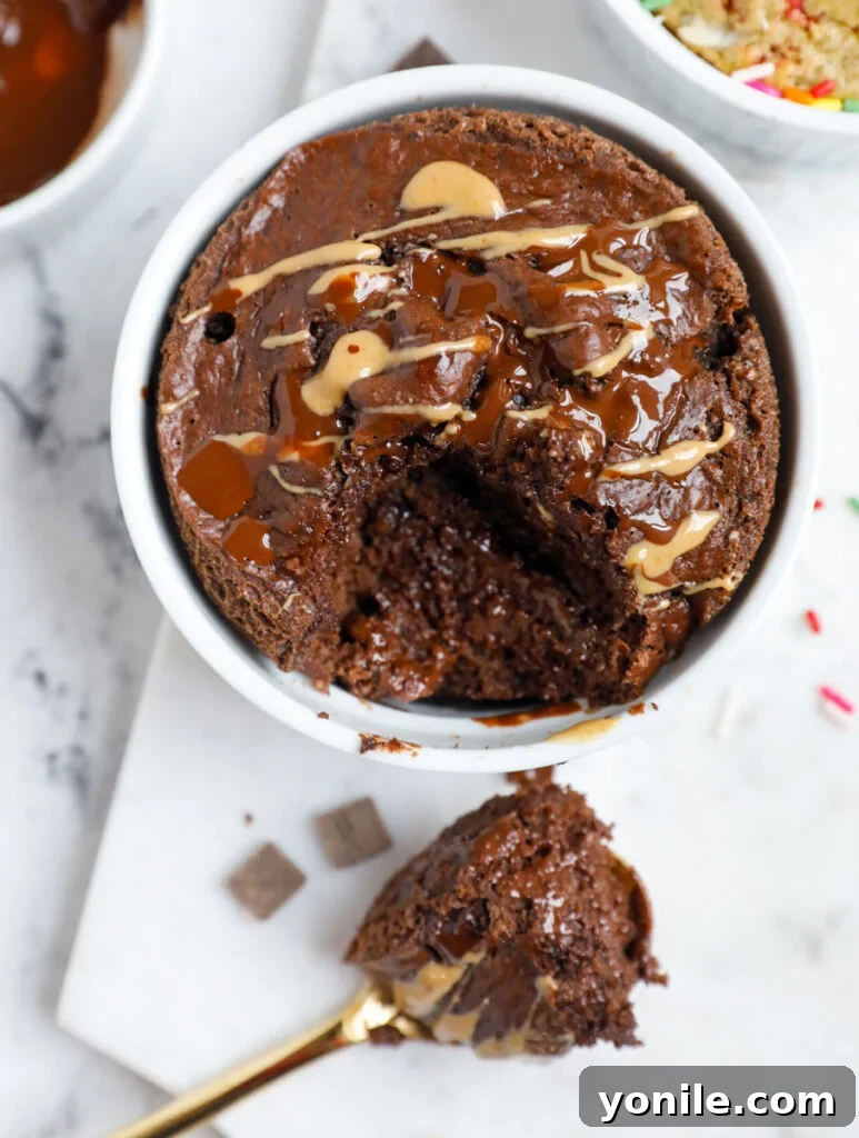 Chocolate PB baked oats with a spoonful scooped out.