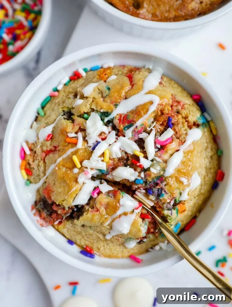 Rainbow Oat Cake Delight 8 Baked funfetti baked oats topped with a creamy frosting and more sprinkles.