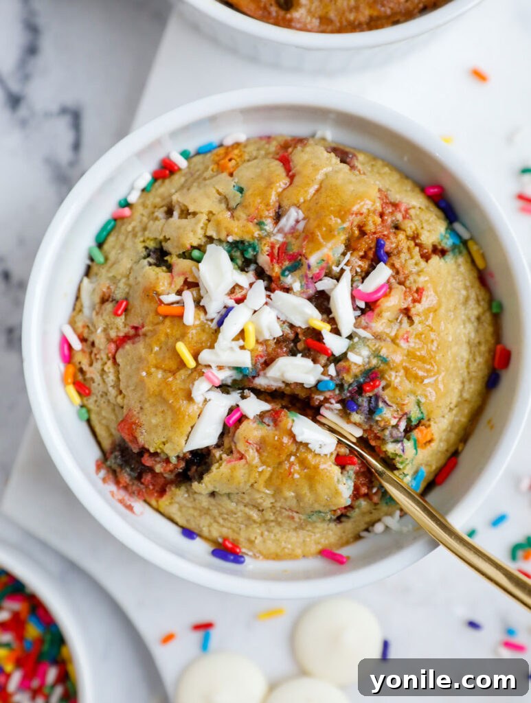 Rainbow Oat Cake Delight 10 Photo of funfetti baked oats with a spoon scooping into the center.