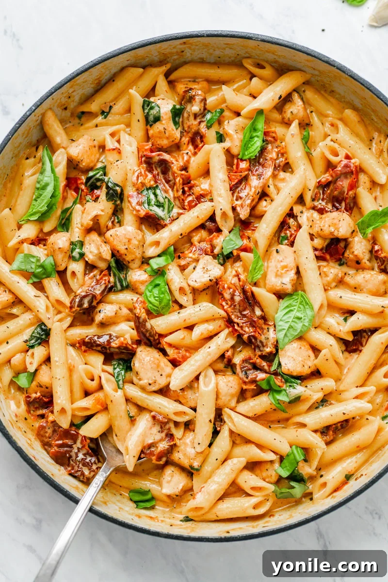 Creamy sun-dried tomato chicken pasta in a pot, ready to be served.