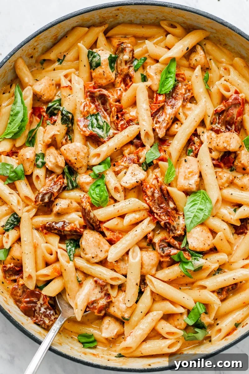 Close up of creamy sun-dried tomato chicken pasta in a pot with fresh basil on top.