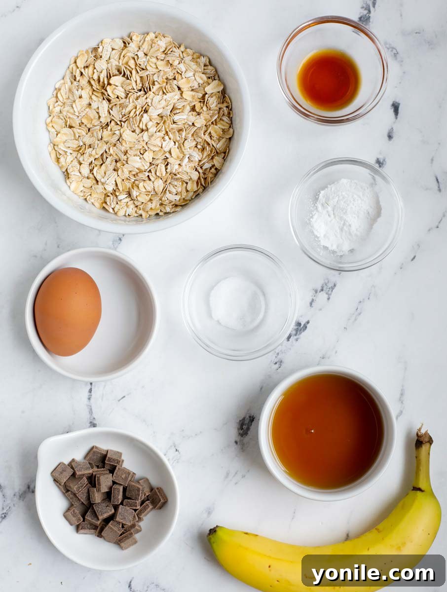 3 Irresistible Baked Oats Recipes 4 Overhead shot of ingredients for making chocolate chip banana baked oats, including ripe bananas, a blender, and chocolate chips.