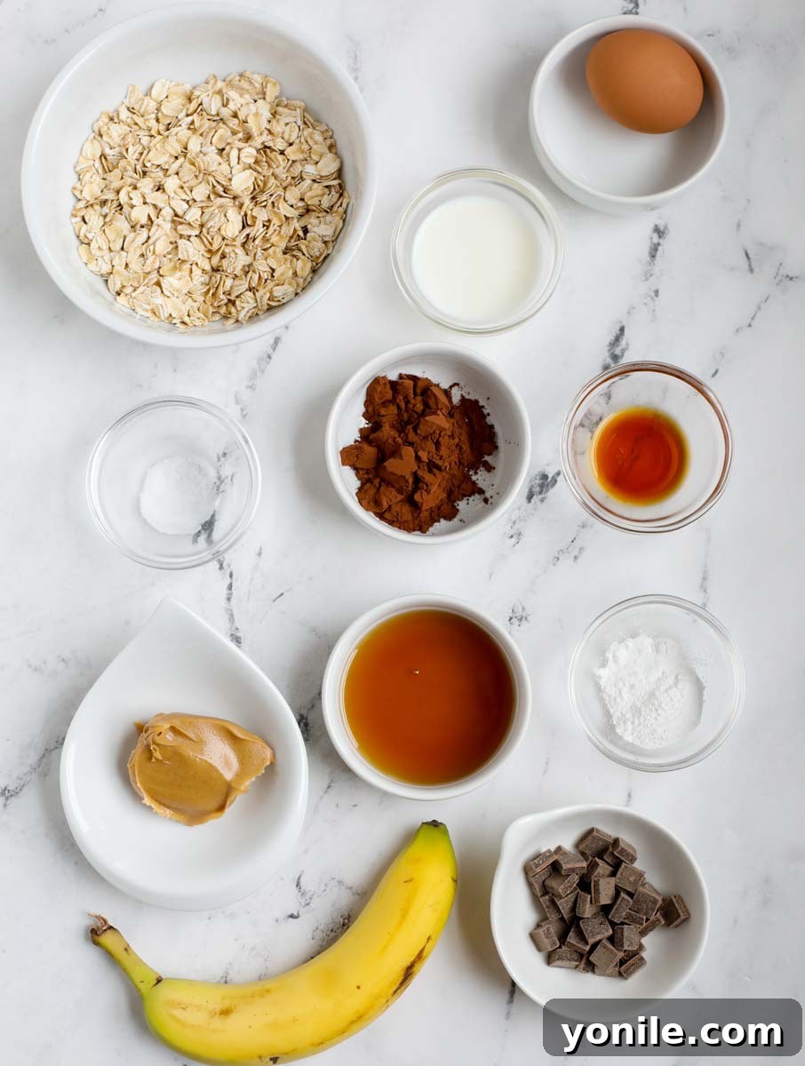3 Irresistible Baked Oats Recipes 5 Ingredients meticulously arranged for a peanut butter chocolate oats cake, featuring peanut butter, cocoa powder, ripe banana, and semi-sweet chocolate chips.