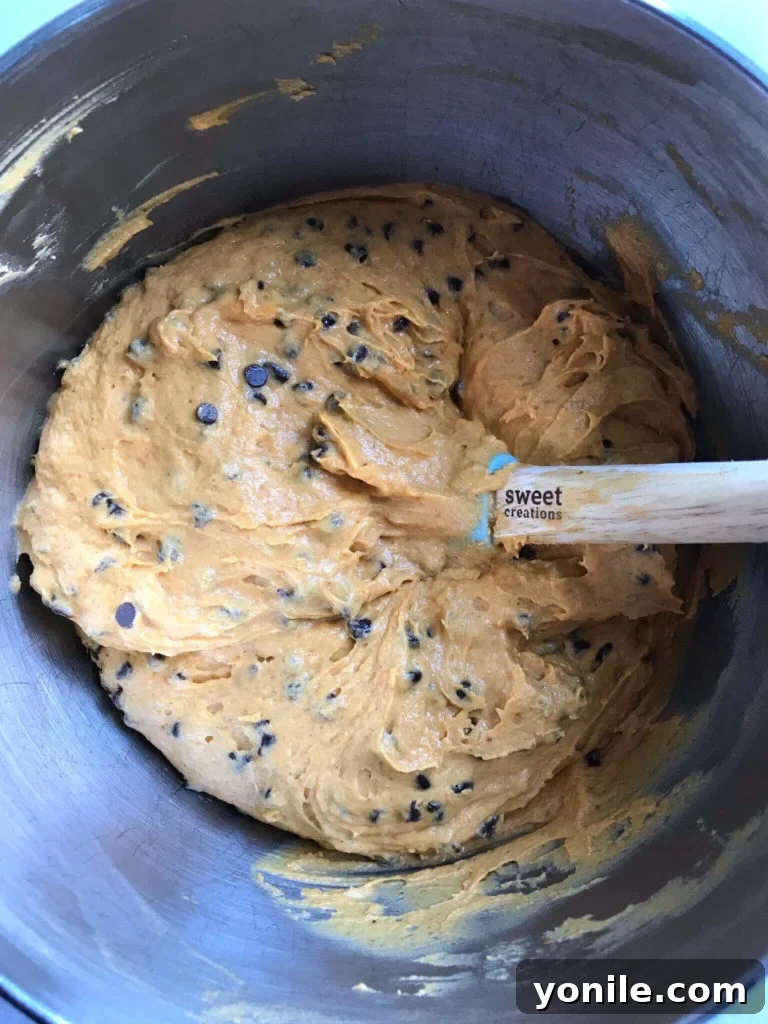 Raw chocolate chip pumpkin muffin batter in a mixing bowl, ready to be scooped.