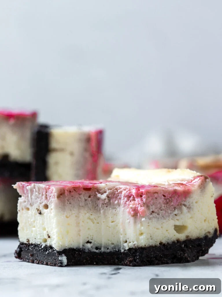 Luscious Raspberry Cheesecake Bars 4 A single raspberry cheesecake bar with a bite taken out, revealing the creamy filling, raspberry swirl, and crunchy Oreo crust.