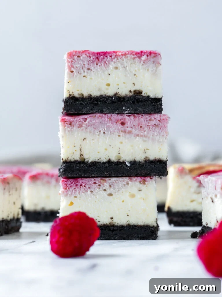 Luscious Raspberry Cheesecake Bars 5 Stacked chocolate raspberry bars showcasing the delightful layers and vibrant fruit swirl.