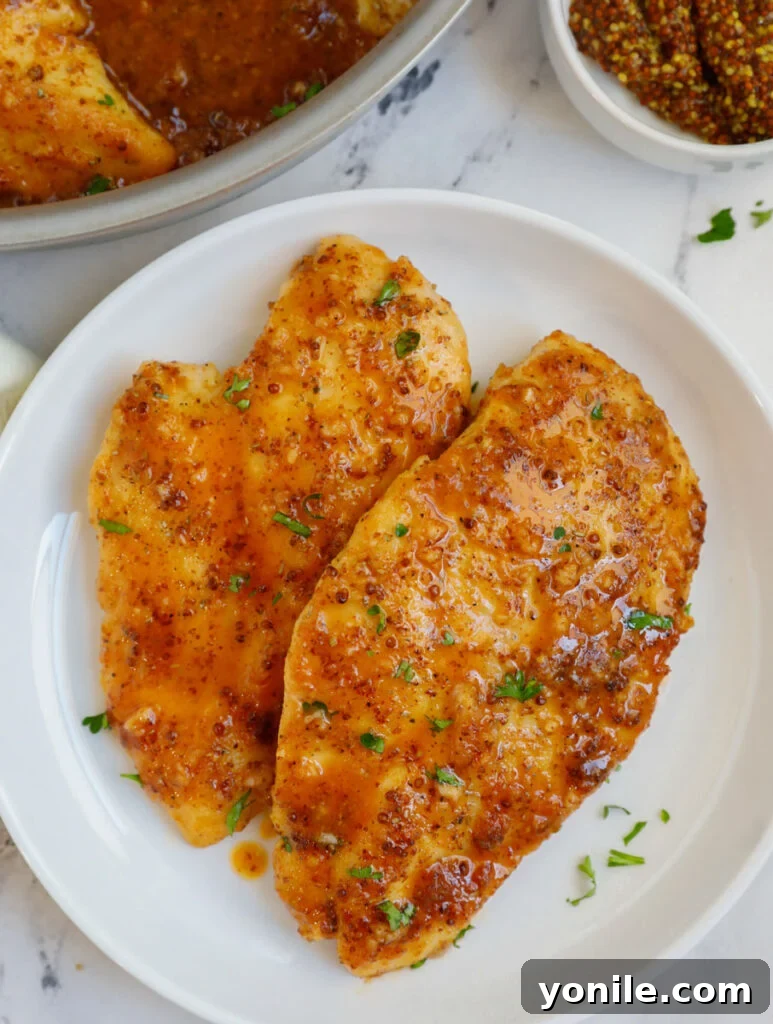 Sweet & Tangy Mustard Chicken 2 A plate of perfectly seared honey mustard chicken breasts, drizzled with the rich, golden sauce and garnished with fresh herbs, ready to be enjoyed.