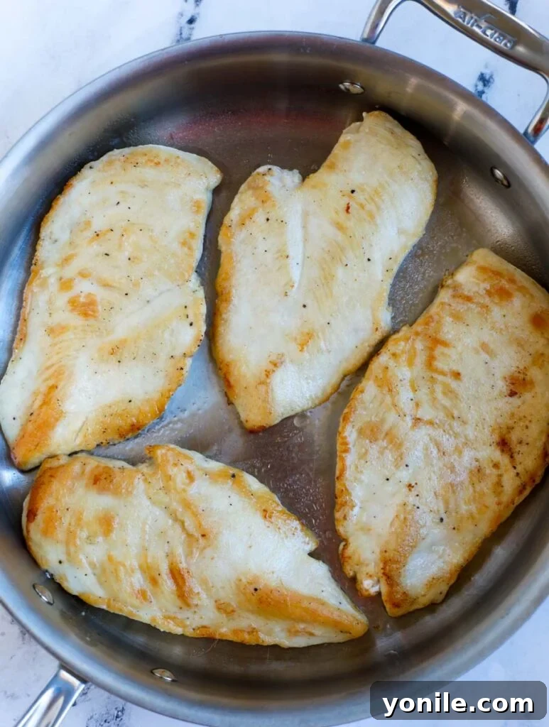 Sweet & Tangy Mustard Chicken 6 Several chicken breasts beautifully pan-searing in a hot skillet, achieving a perfect golden-brown crust.