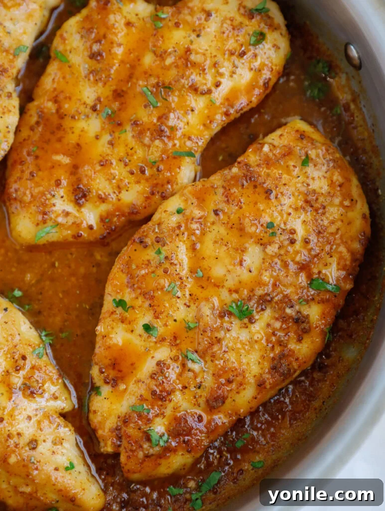 Sweet & Tangy Mustard Chicken 9 A close-up view of the honey mustard chicken, highlighting the rich, thick sauce coating the tender chicken and the vibrant parsley garnish.