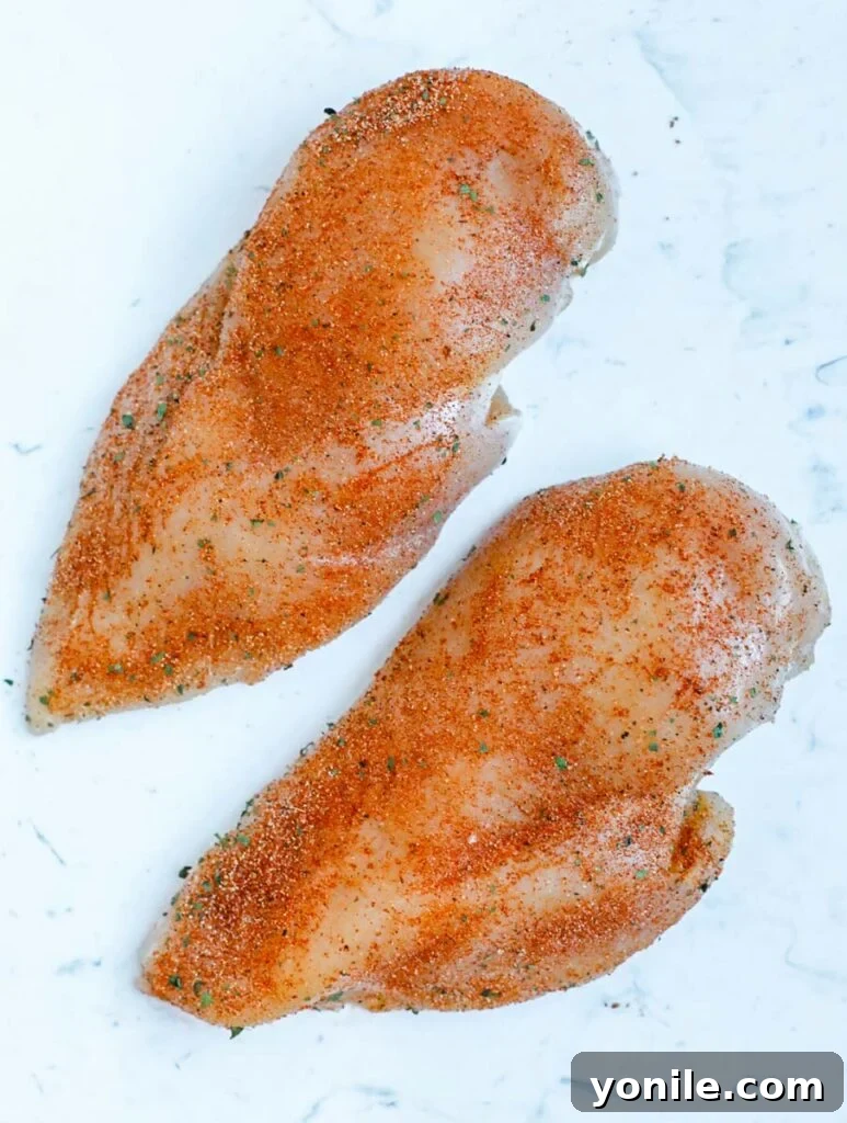 Close-up view of raw chicken breasts beautifully coated with a vibrant blend of spices and marinade, ready for searing.