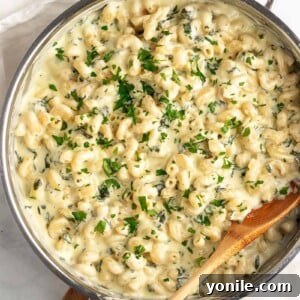 Velvety Spinach Macaroni and Cheese 11 Top-down shot of creamy spinach mac and cheese with a wooden spoon in a skillet.