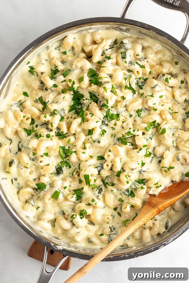 Velvety Spinach Macaroni and Cheese 8 A vibrant top-down shot of creamy spinach mac and cheese in a bowl, highlighting its rich texture and green flecks of spinach.