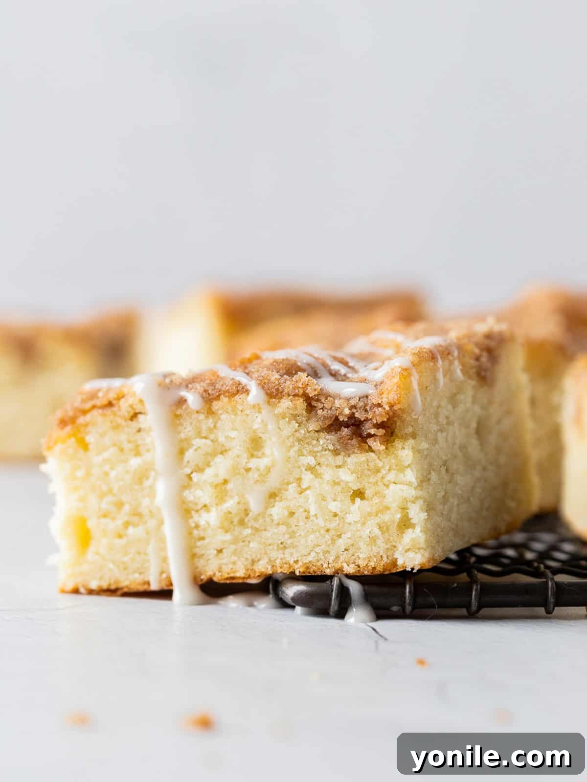 A single, perfectly baked slice of Cinnamon Streusel Coffee Cake with a delicate icing drizzle.