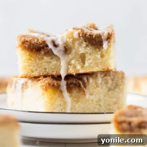 Two pieces of Cinnamon Streusel Coffee Cake stacked, showing the moist cake and streusel topping.