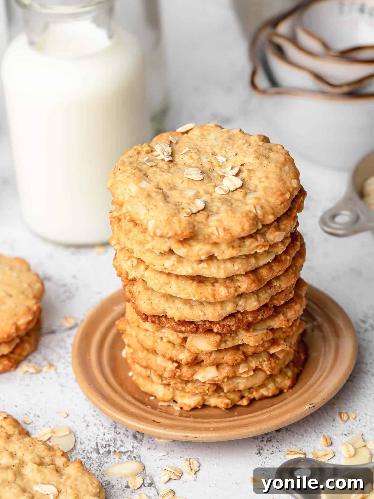 Stacked crispy almond oatmeal cookies on a cooling rack, showcasing their golden brown edges and inviting texture.