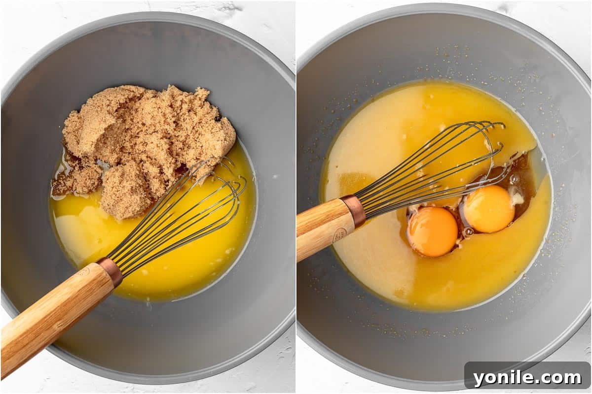 Mixing the wet ingredients, including eggs, sugar, melted butter, and vanilla extract, in a bowl for the cookie dough.