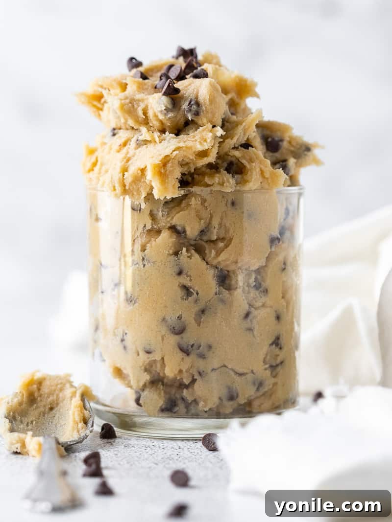 No-Bake Eggless Cookie Dough 7 edible cookie dough in a clear glass
