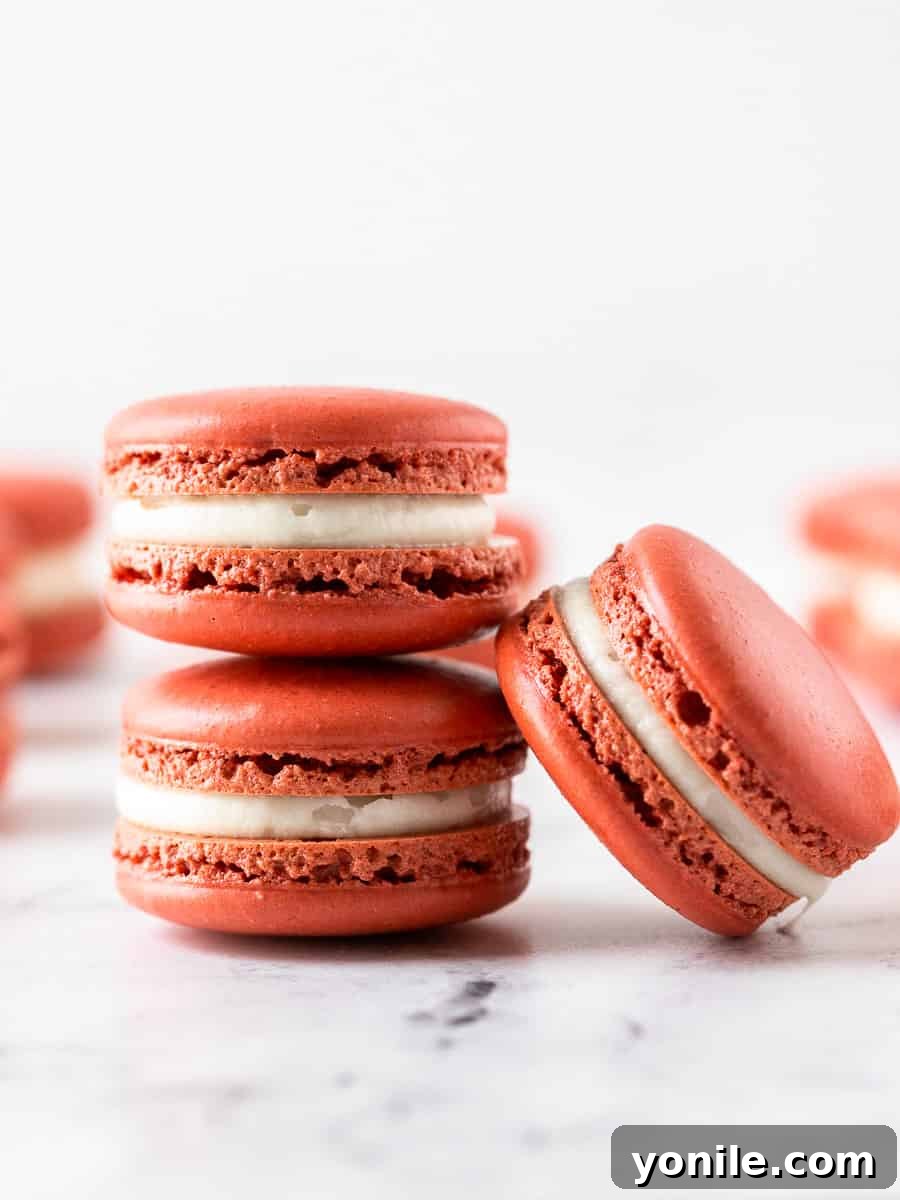 Three perfectly baked red velvet French macarons, exhibiting beautiful 'feet' and smooth shells, arranged appealingly on a surface.