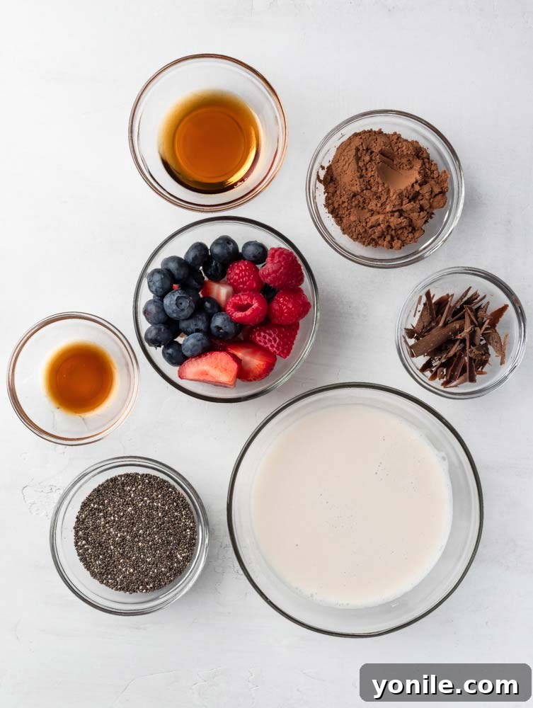 Velvet Chocolate Chia Morning 3 Top down shot of all the ingredients laid out for making chocolate chia pudding, including chia seeds, almond milk, maple syrup, vanilla, and cocoa powder.