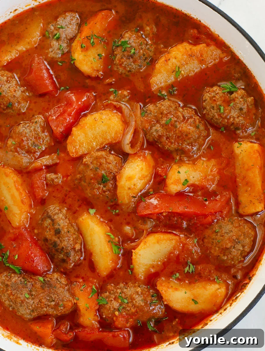 Lebanese Kofta Stew for Beginners 2 A steaming bowl of Lebanese Kafta and Potato Stew, garnished with fresh parsley.