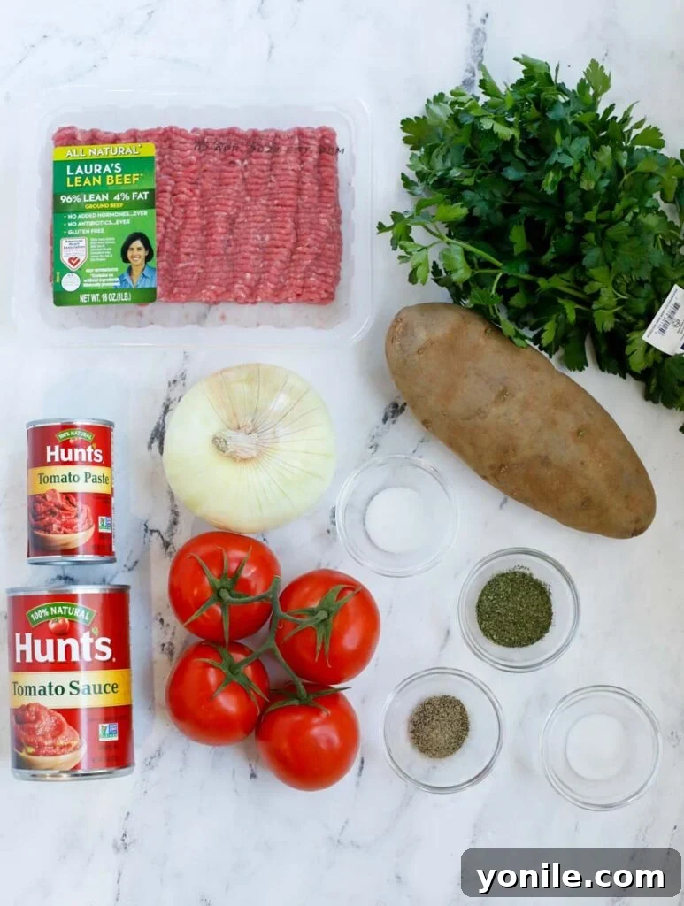 Lebanese Kofta Stew for Beginners 3 Various fresh ingredients laid out on a kitchen counter, ready for making kafta and potato stew.