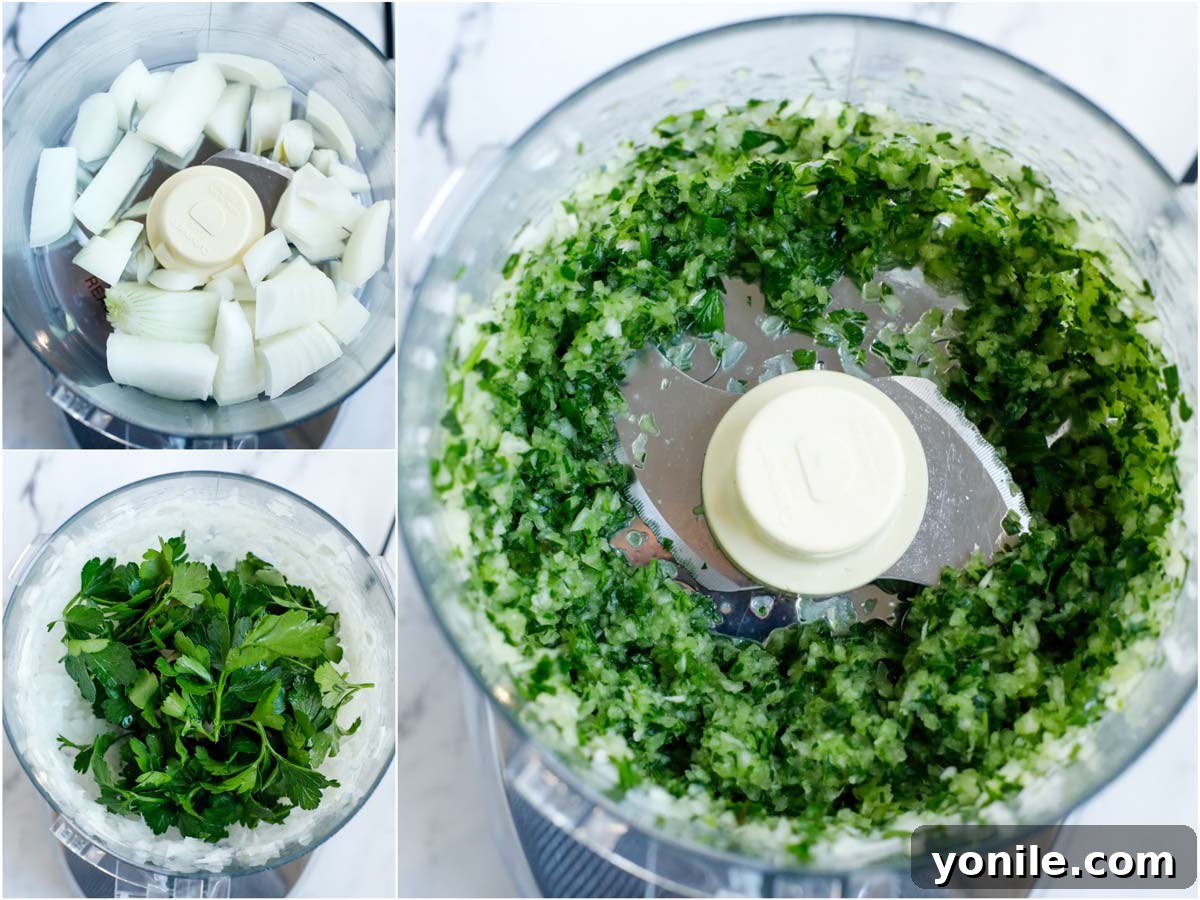 Lebanese Kofta Stew for Beginners 4 Close-up photos showing finely diced onions and fresh parsley being prepared in a food processor.