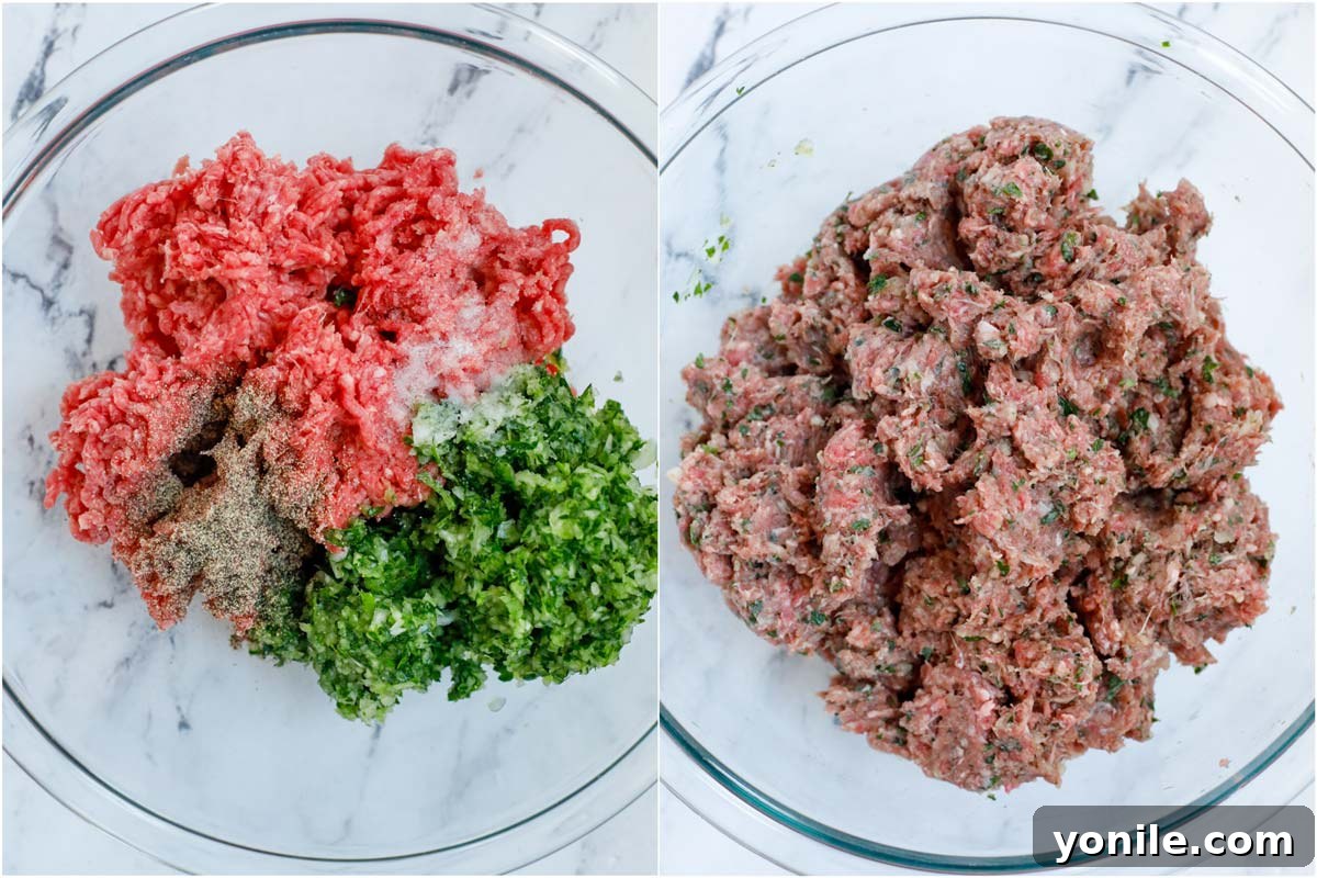 Lebanese Kofta Stew for Beginners 5 A two-part image showcasing the preparation of kafta patties, from mixing ingredients to shaping the beef.