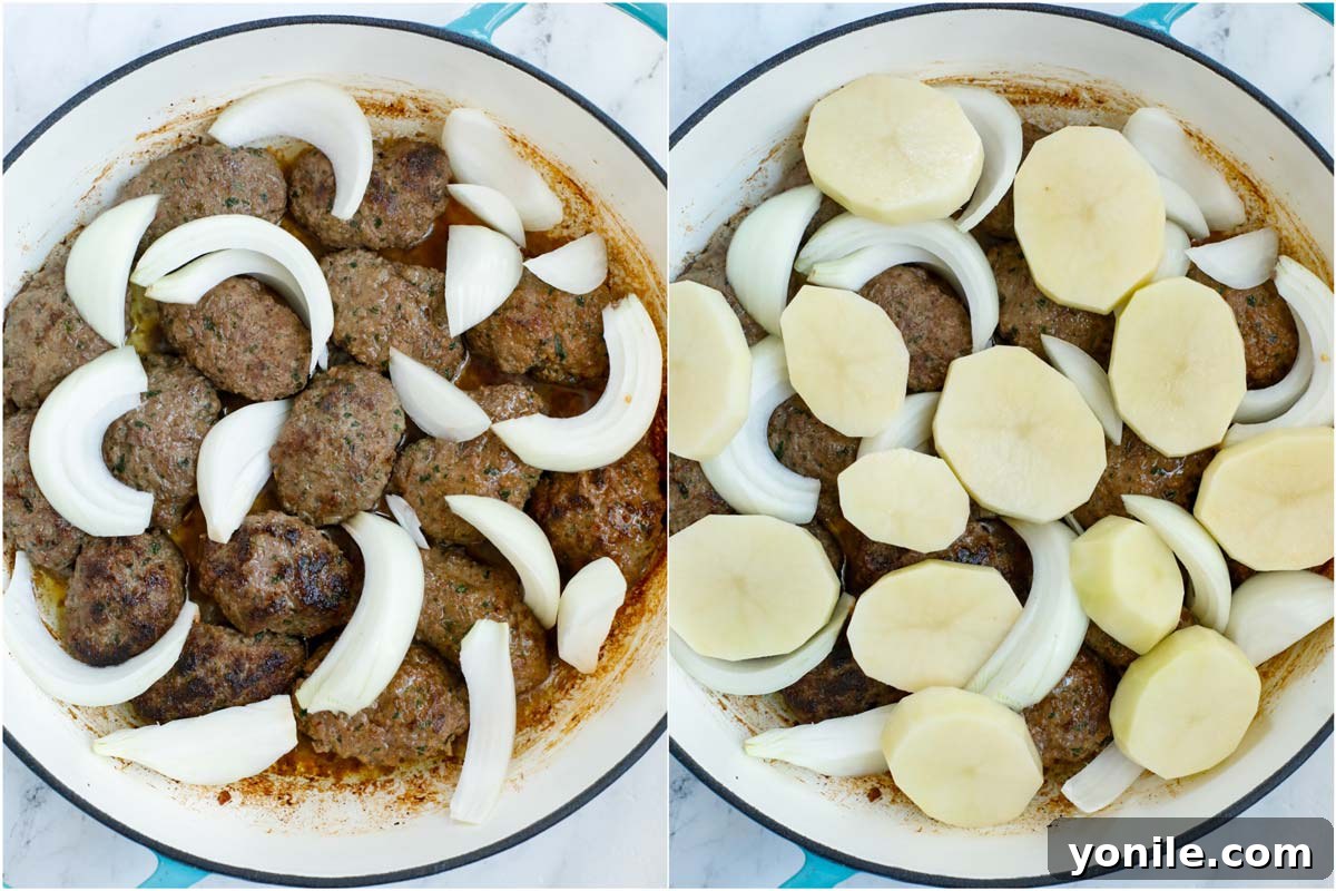 Lebanese Kofta Stew for Beginners 8 Two images: one showing kafta patties at the bottom of a pot, and the other with sliced onions and potatoes layered on top.