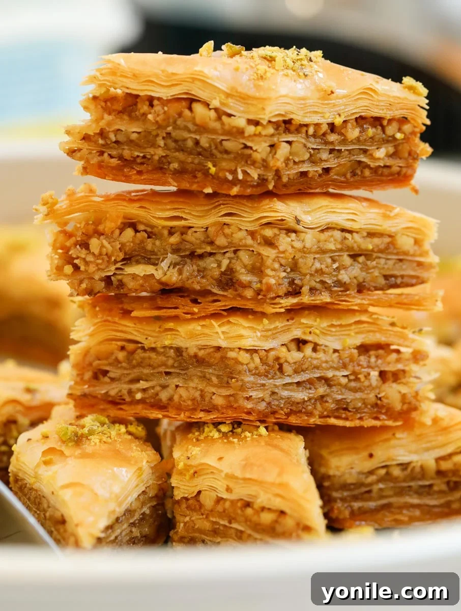 Several glistening pieces of walnut baklava, stacked alluringly to showcase their rich layers and golden syrup.