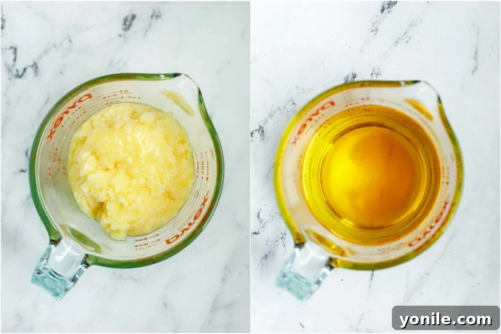 A bowl of rich, melted ghee, ready for use in the baklava preparation.