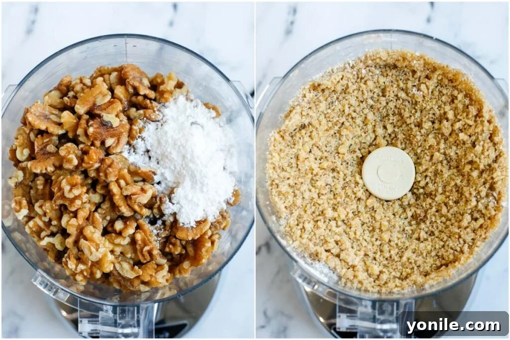 Finely ground walnuts and powdered sugar, forming the delicious filling for the baklava.