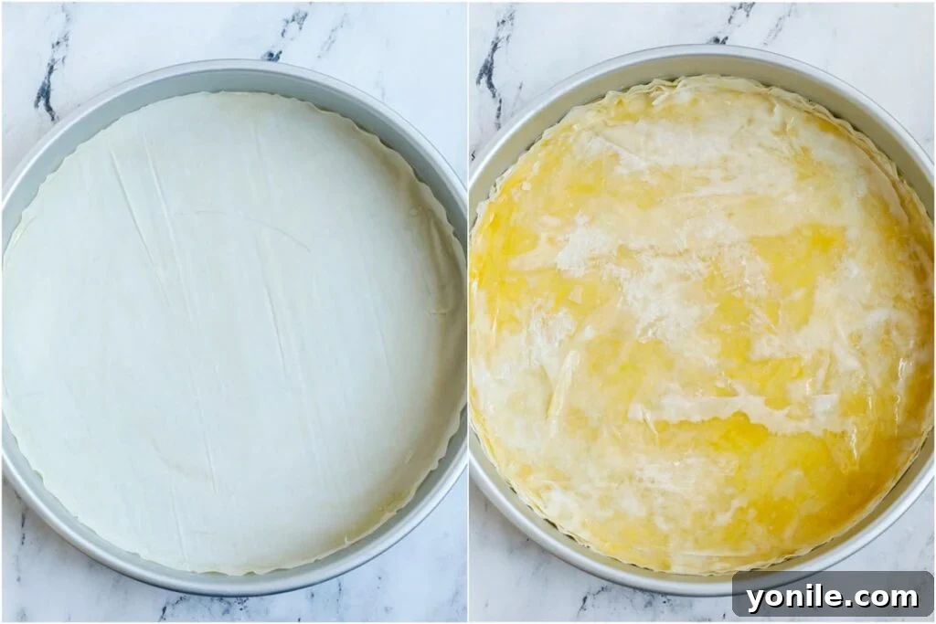 A two-part image showing fresh phyllo sheets layered in a round baking pan, followed by the layers being brushed with melted ghee and syrup for preparation.