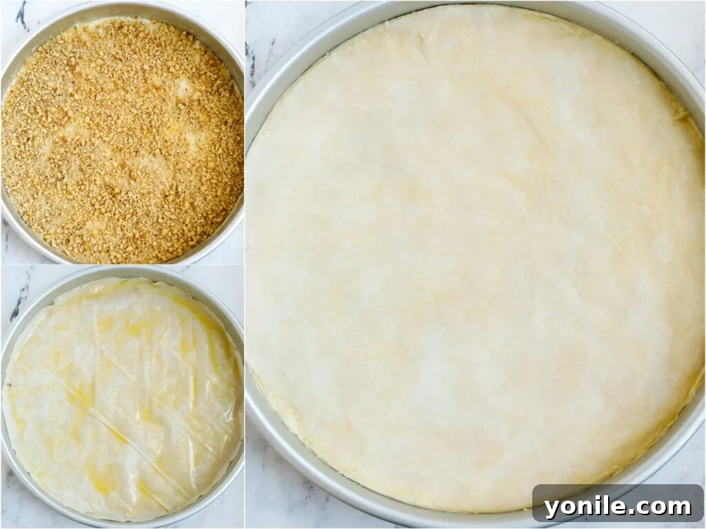 A three-panel image demonstrating the layering process of baklava: first, ground walnuts are spread over phyllo, then more phyllo sheets are carefully placed on top.