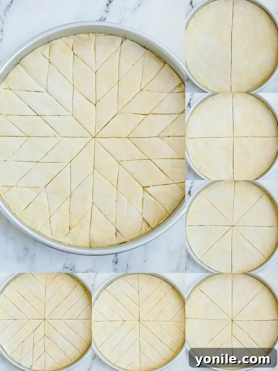 A series of top-down photographs illustrating the step-by-step process of precisely cutting baklava into traditional diamond shapes before baking.