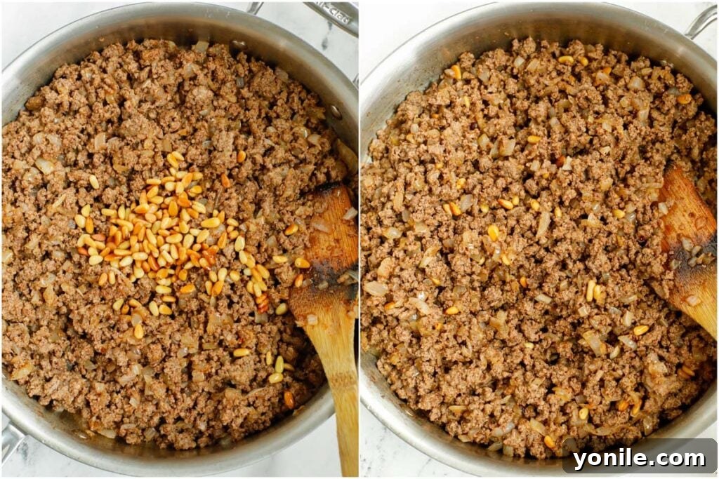 Set of two photos showing pine nuts added to the meat filling in a pan and mixed together.
