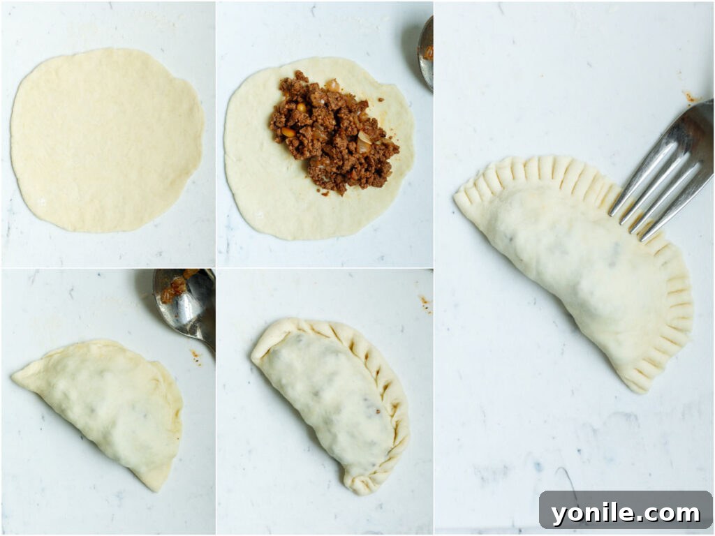 Set of five photos showing how to roll out the dough into a circle, add in the filling, folded, and sealed.