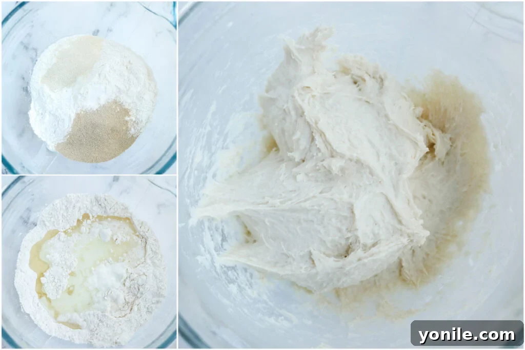 Making the meat pie dough: set of three photos showing the dry ingredients being mixed with wet then kneaded.