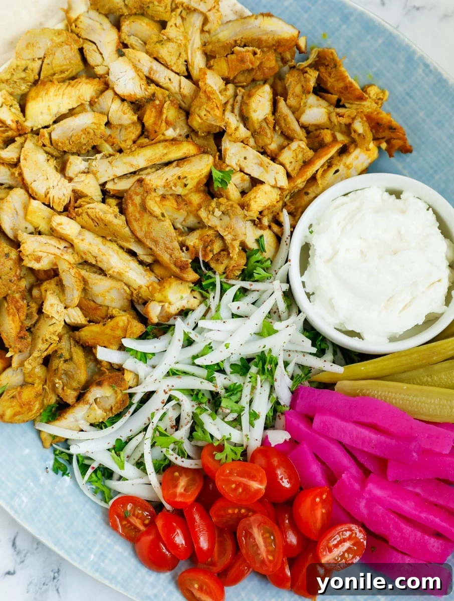 Close up of a platter of chicken shawarma recipe.
