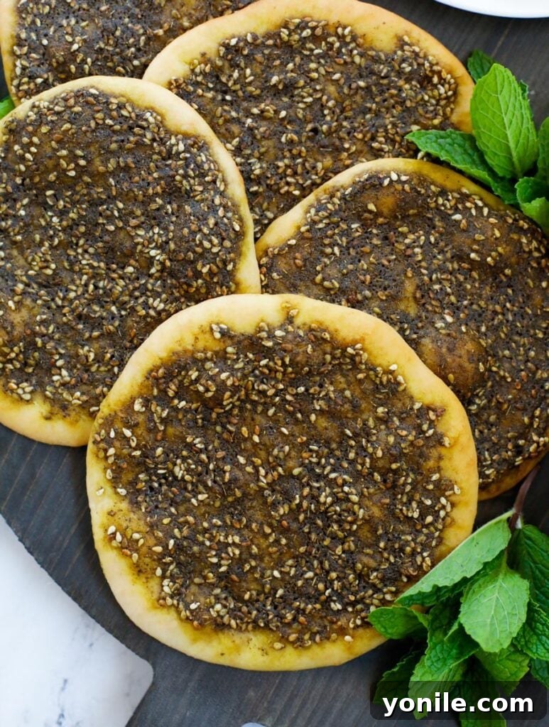 Aromatic Zaatar Flatbread 11 Close up shot of baked zaatar manakeesh on a dark board, ready to be served