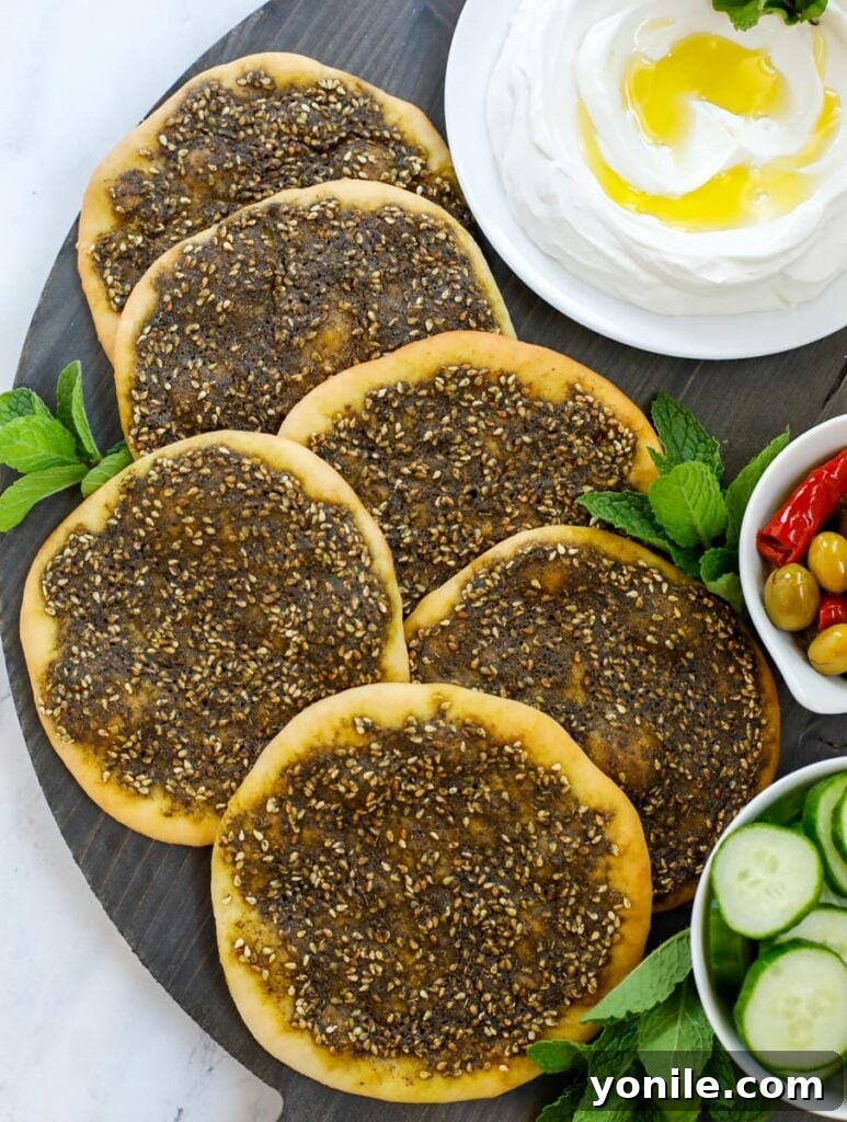 Aromatic Zaatar Flatbread 12 Top down shot of zaatar manakeesh on a dark board with labneh, cucumber, and olives, beautifully plated