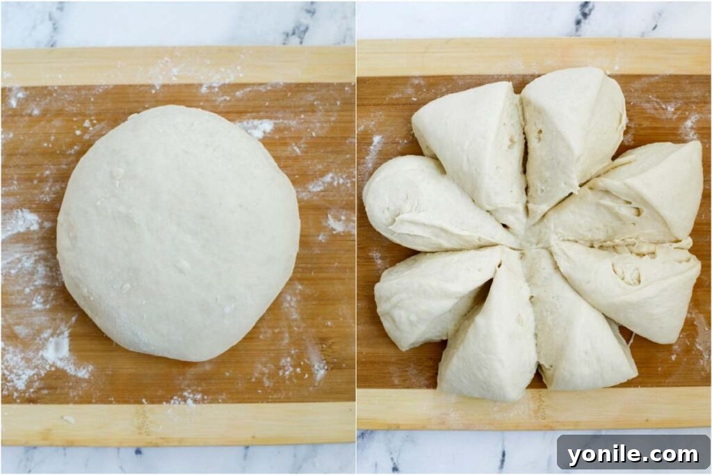 Aromatic Zaatar Flatbread 7 Dough after being cut into 8 even pieces, ready for further portioning
