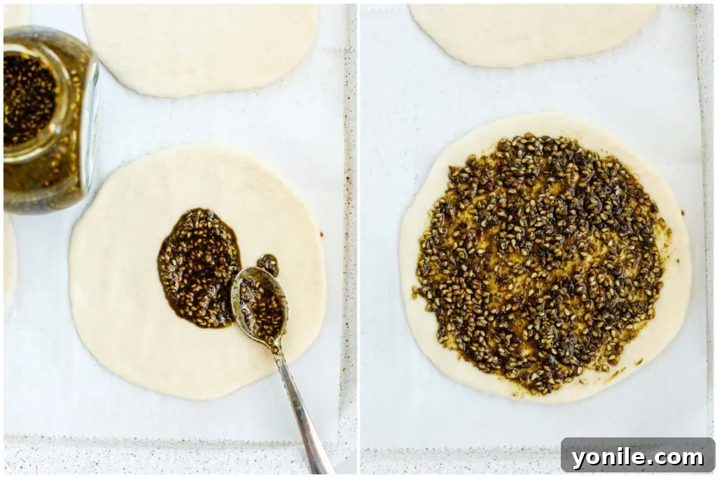 Aromatic Zaatar Flatbread 10 Top down shot showing the process of spreading the zaatar mixture onto the dough