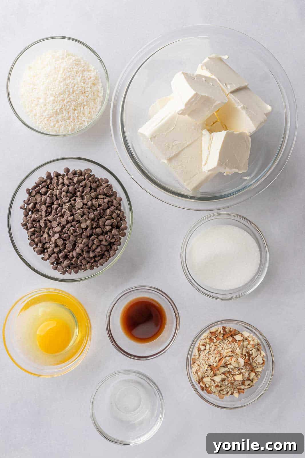 All the key ingredients for the Almond Joy cheesecake filling: cream cheese, sugar, eggs, vanilla, coconut, chocolate chips, and almonds, arranged on a surface.