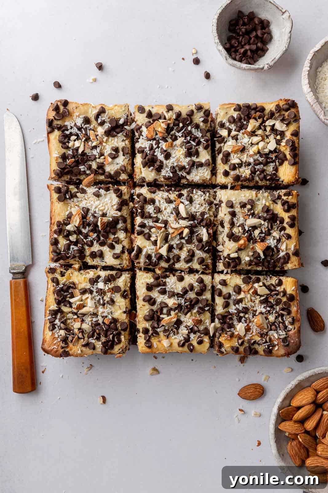 A top-down view of Almond Joy cheesecake bars, freshly cut into 9 perfect squares, garnished and ready to serve on a wooden board.